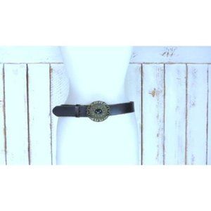 90s vintage black leather large metal buckle belt - xlarge